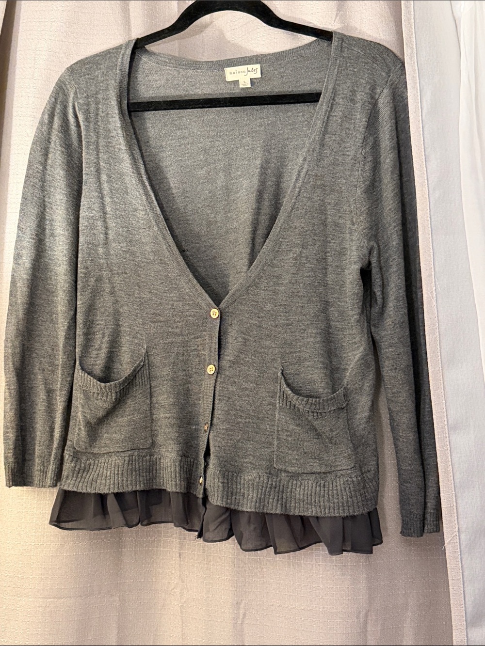 Maison Jules Gray V-Neck Cardigan with Chiffon Layered Hem